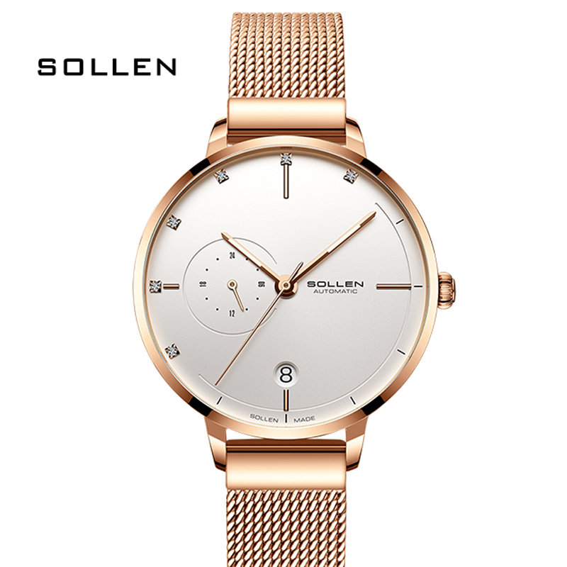 Stainless Mesh Band - SOLLEN-Automatic Mechanical Watches Women Waterproof Rhinestone